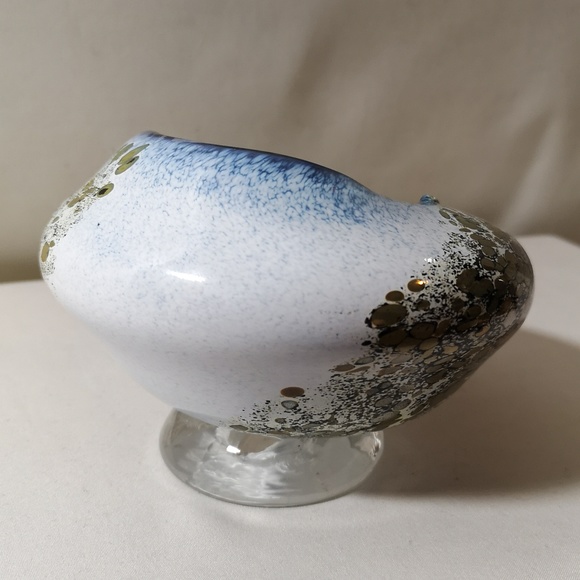 Unique Hand-blown & Artist Signed Art Glass Vessel "Bowl" Gold Blue White Lovely - Picture 4 of 10